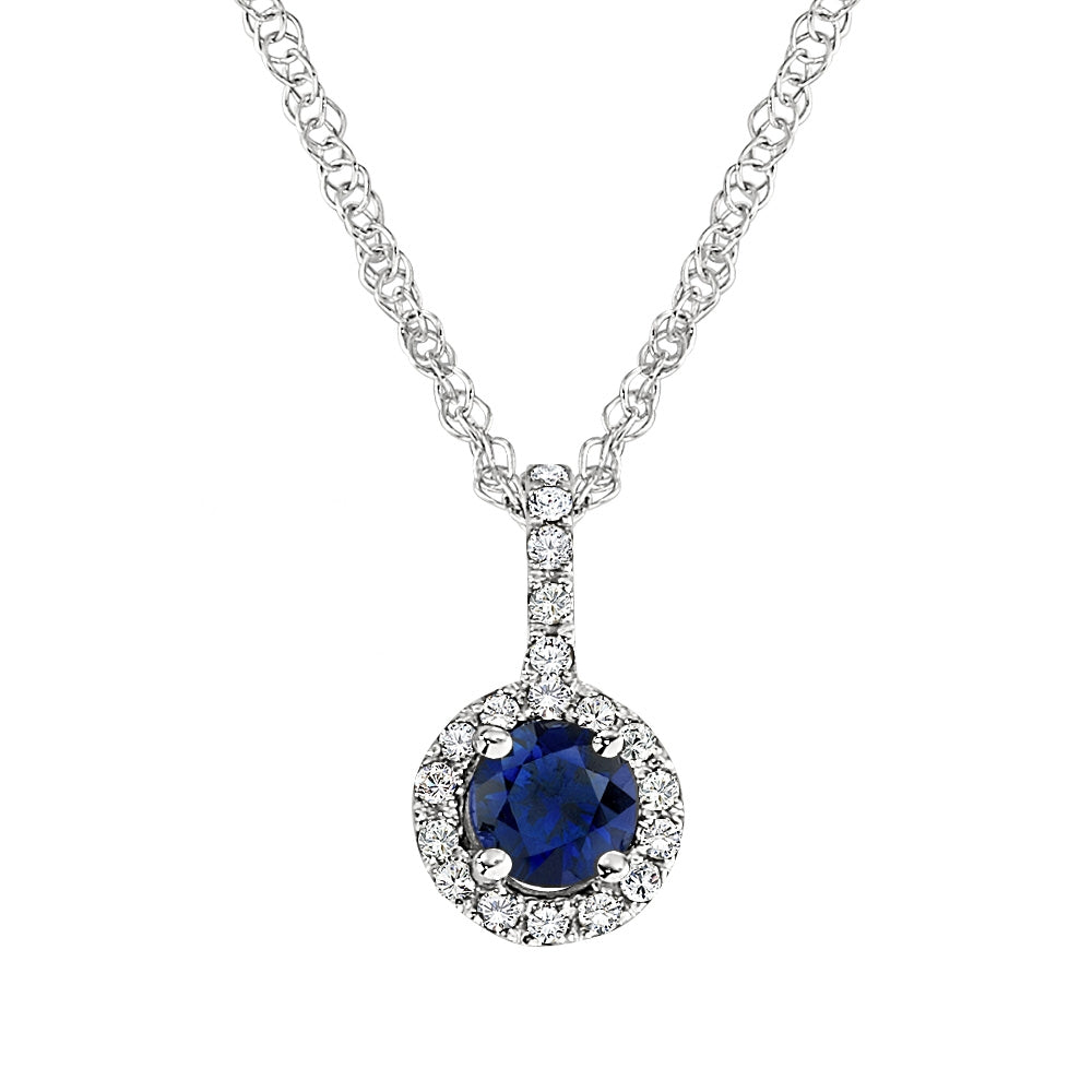 Classic Drop Pendant with Round Sapphire and Diamond Halo Design