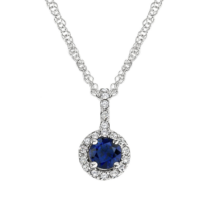Classic Drop Pendant with Round Sapphire and Diamond Halo Design