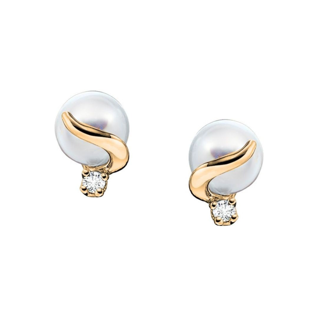 Modern Akoya Cultured Pearl and Round Diamond Earrings