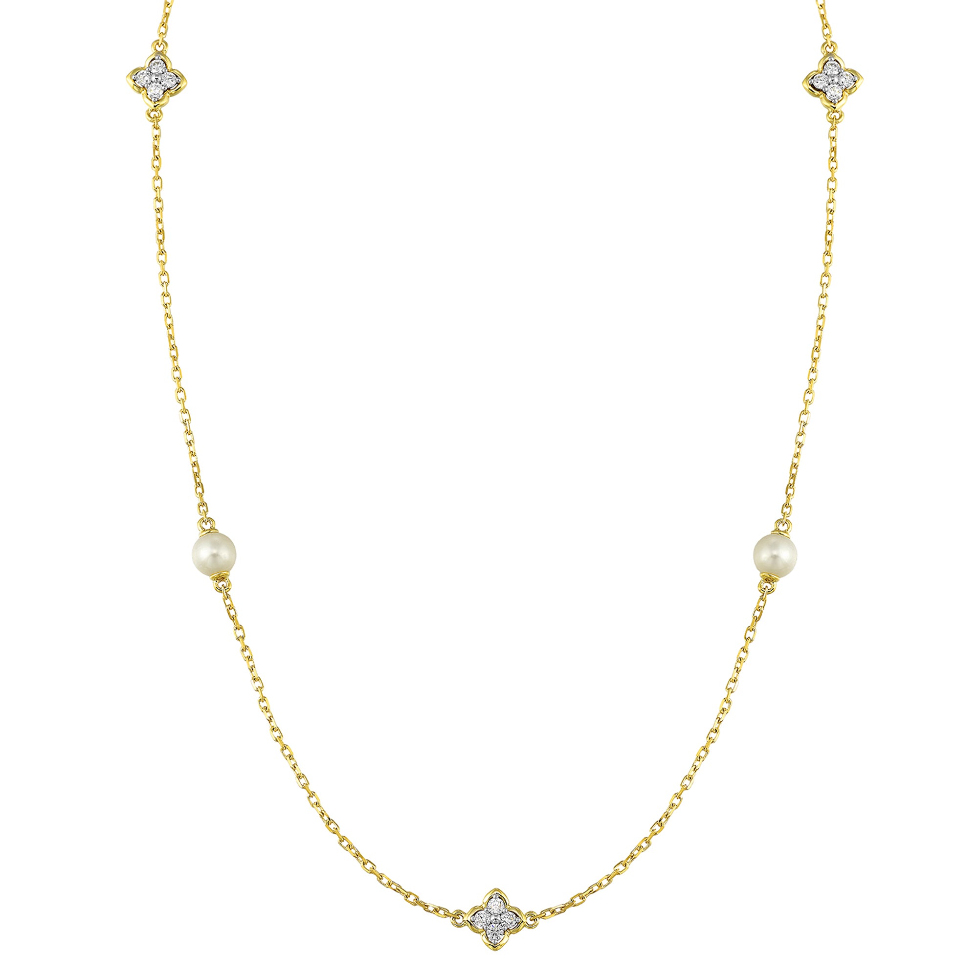 14Kt Yellow Gold Diamond 1/6Ctw & Pearl Necklace - NK10581-4YCPL