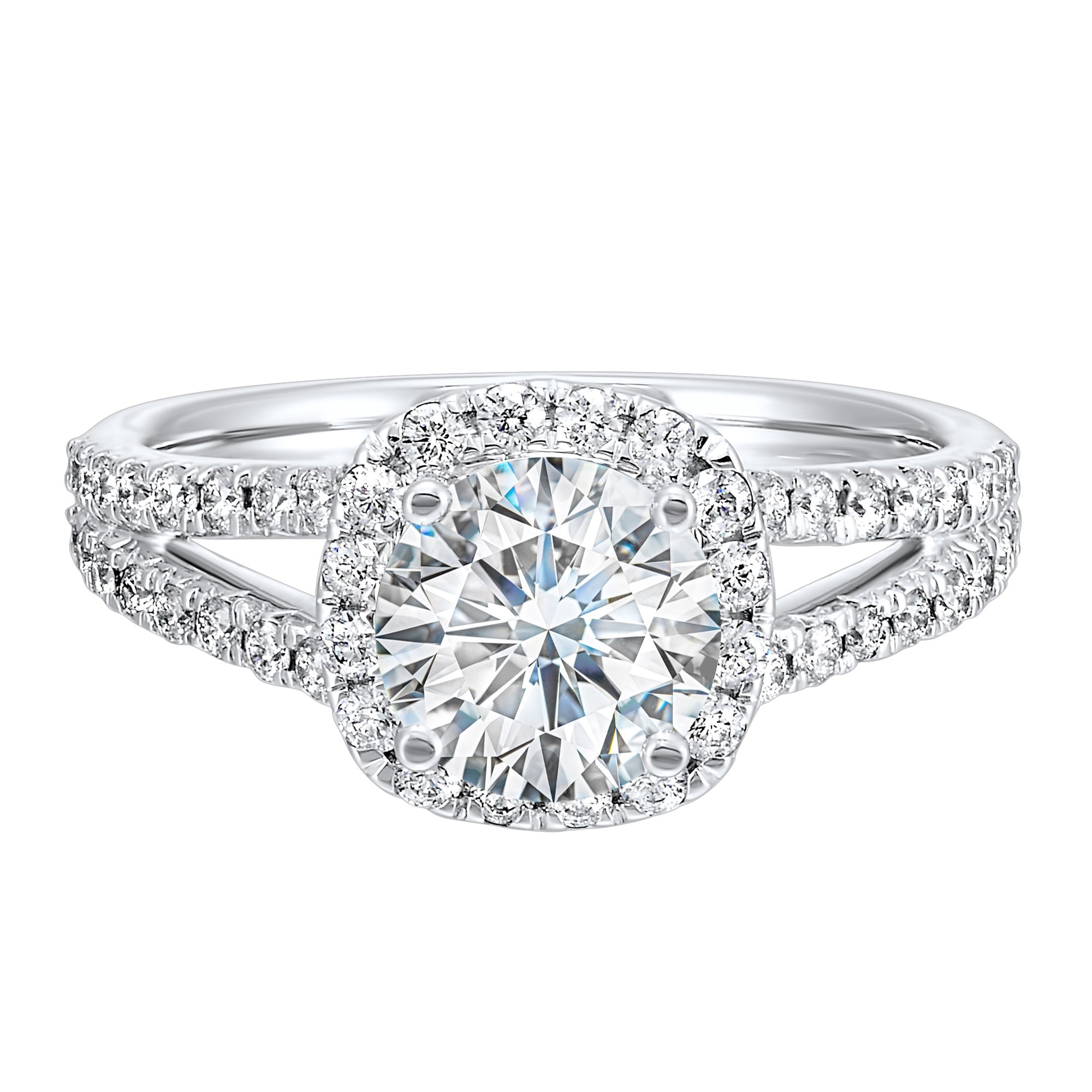 Cushion halo is a stunning way to showcase the round solitaire diamond. Modern split diamond studded shank further highlights the center. - W0081RC100SM-4WB