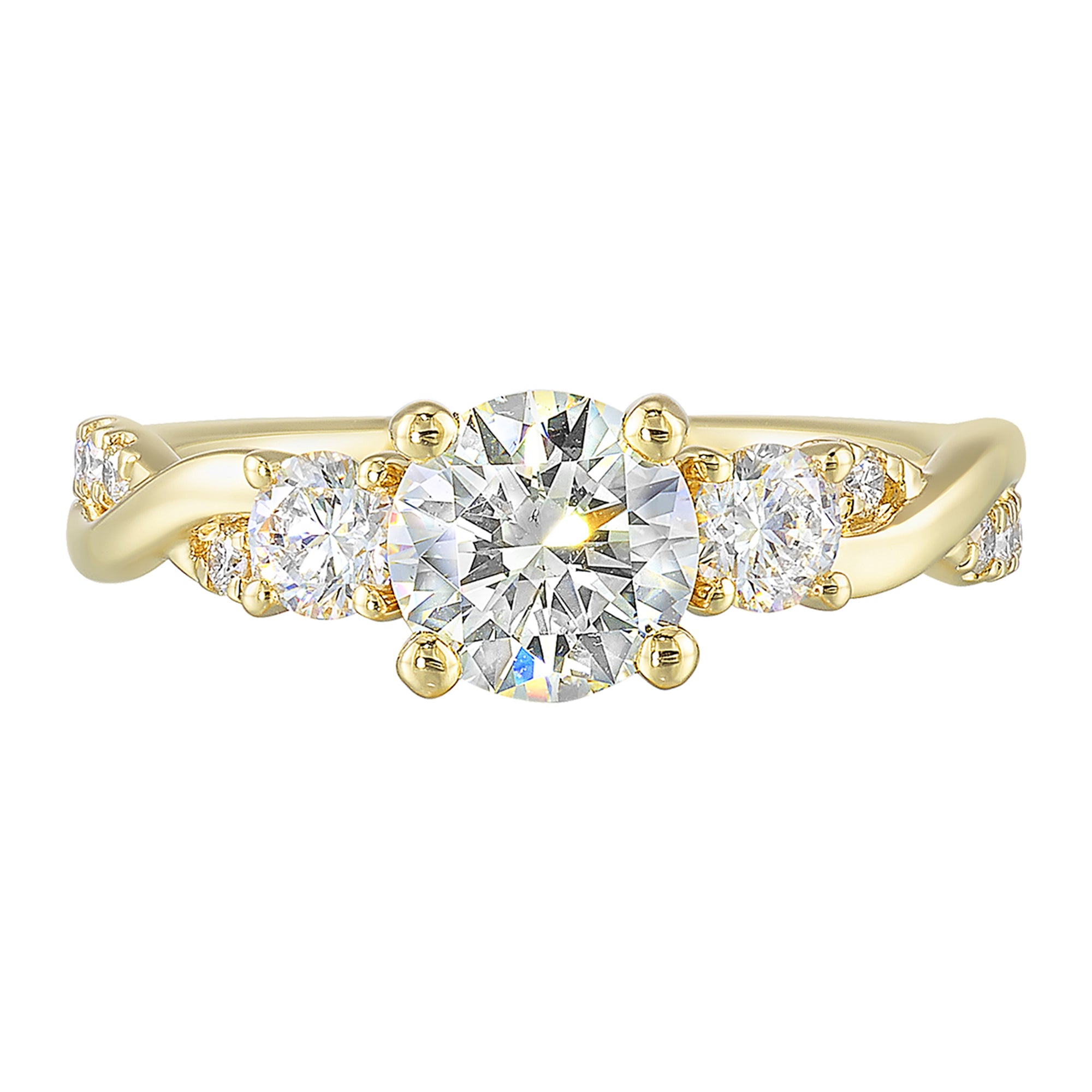 Gorgeous three stone ring features a round solitaire with one smaller diamond on either side. All of this sits a top a criss cross band with playful flow of diamond is a perfect choice. - W0412RN100SM-4YB