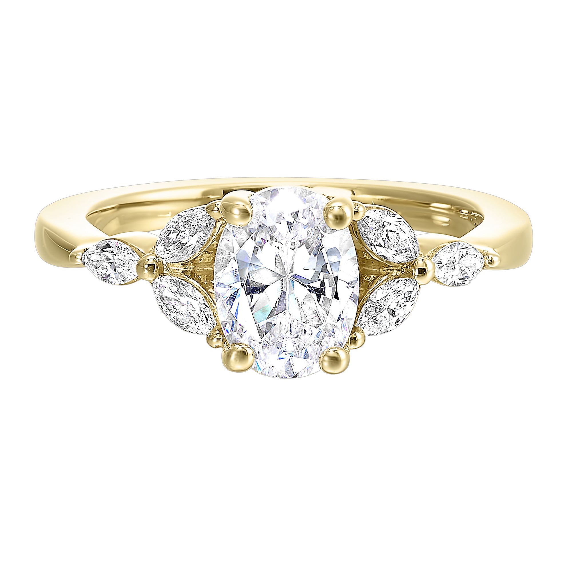 Elongated oval diamond takes center stage, framed by graceful trinity of marquise diamonds set on either side followed by a pinch shank is sure to flatten her. - W0751ON100SM-4YB