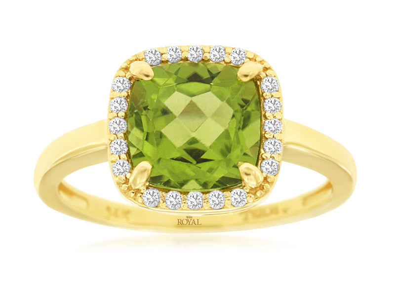 14K Yellow Gold Cushion Peridot Diamond Halo Ring
