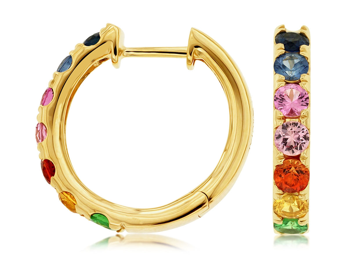Dazzling 14K Gold Rainbow Multi Sapphire Hoops