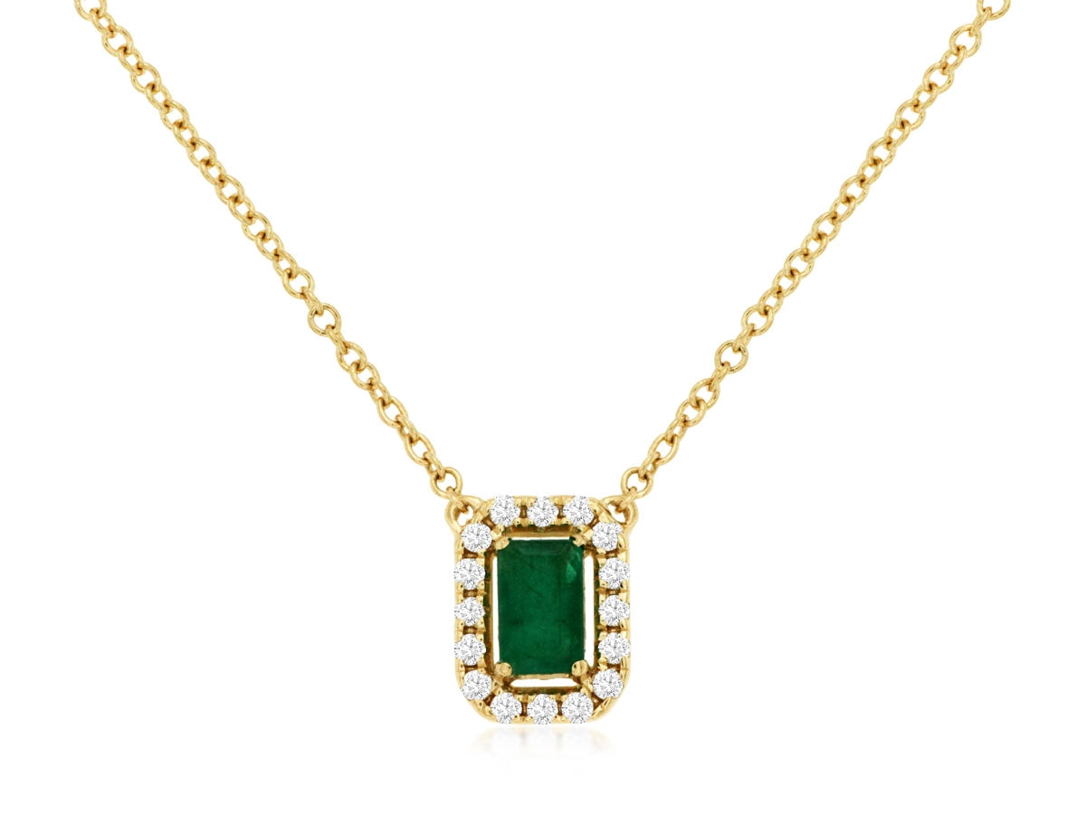 14K Yellow Gold Emerald Diamond Halo Necklace