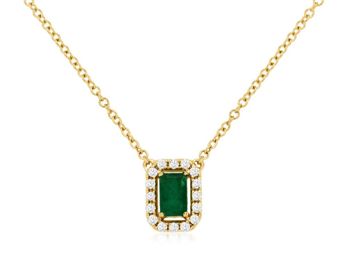 14K Yellow Gold Emerald Diamond Halo Necklace