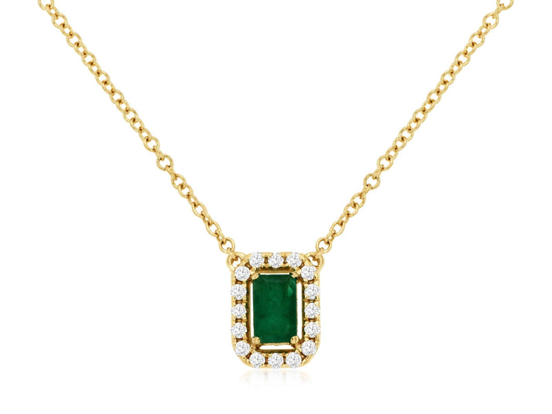 14K Yellow Gold Emerald Diamond Halo Necklace