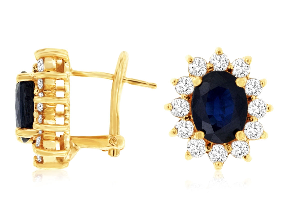 14K Yellow Gold Sapphire Diamond Halo Earrings