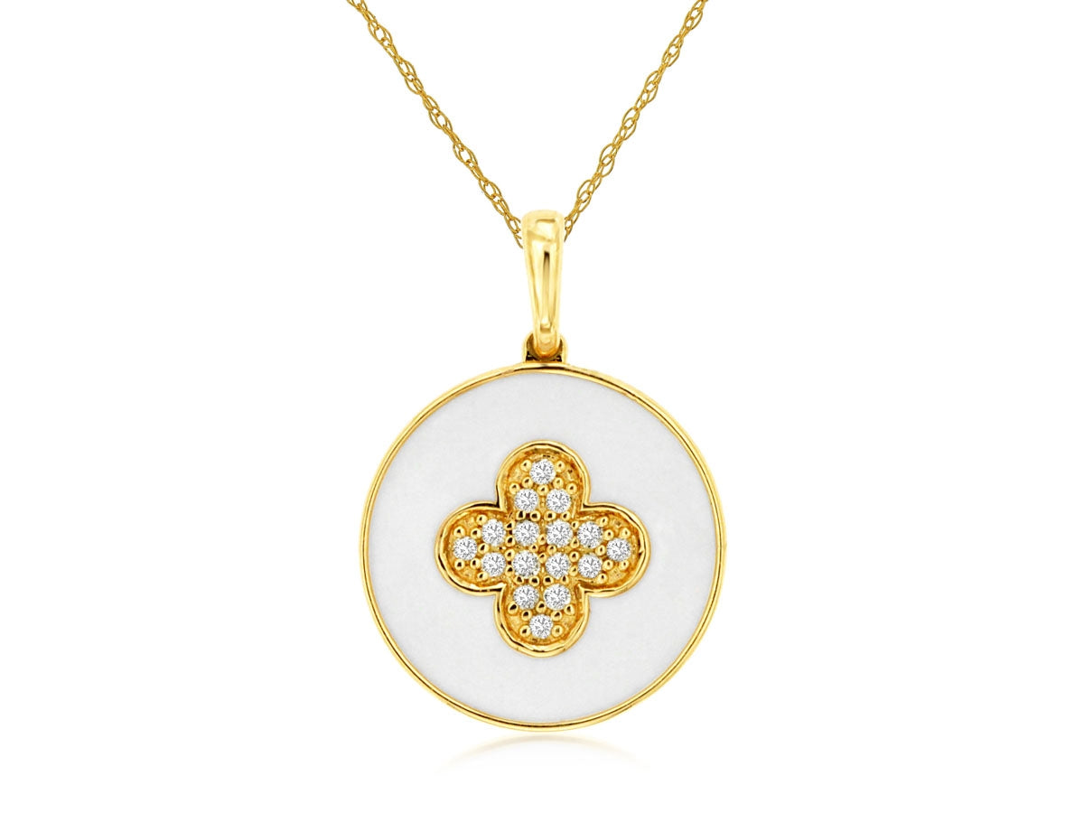 14K Gold Diamond Clover White Enamel Necklace
