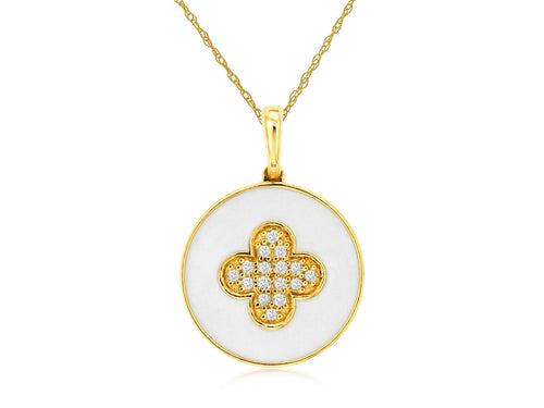 14K Gold Diamond Clover White Enamel Necklace
