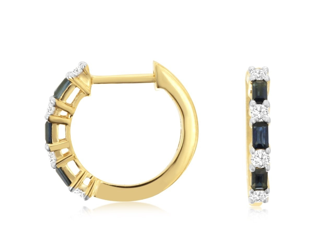 14K Gold Blue Baguette Sapphire & Diamond Hoops