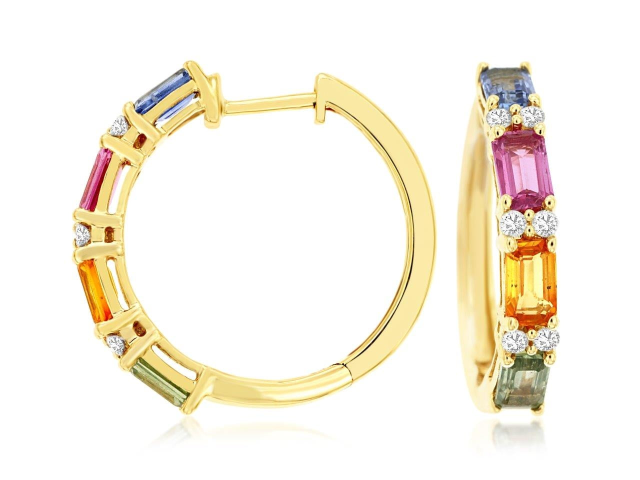 14K Gold Rainbow Multi Sapphire Diamond Hoops