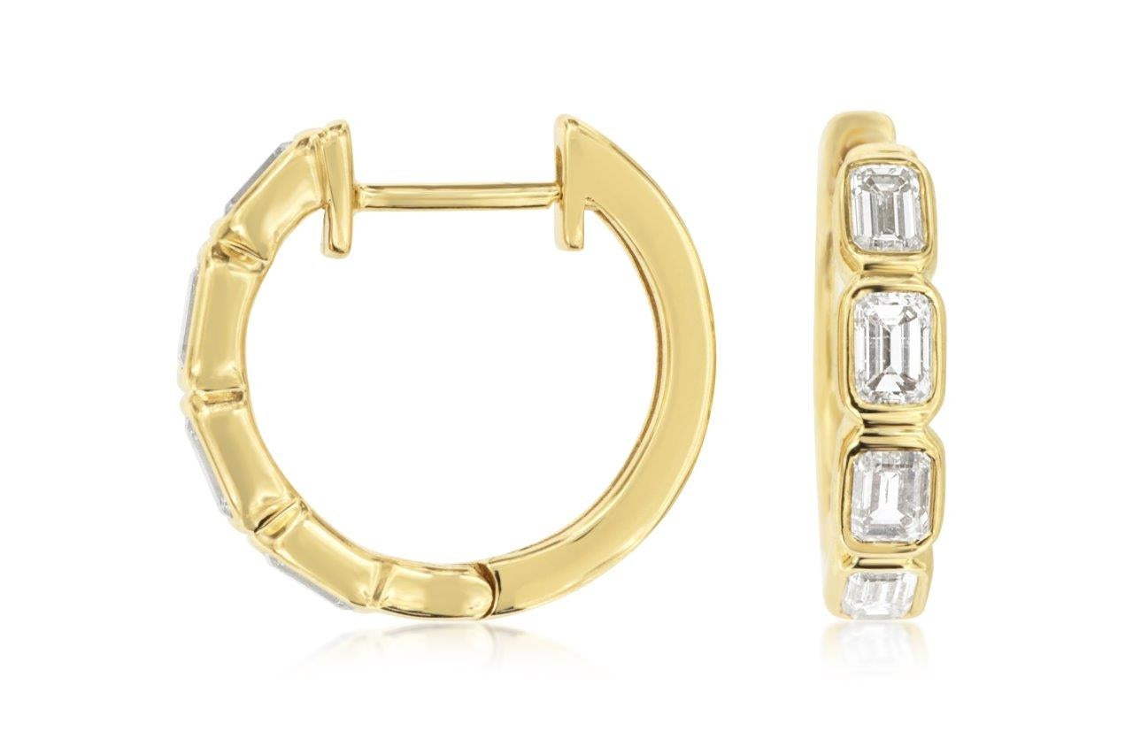 14KY Bezel Emerald Cut Diamond Hoop Earrings 0.85CTW