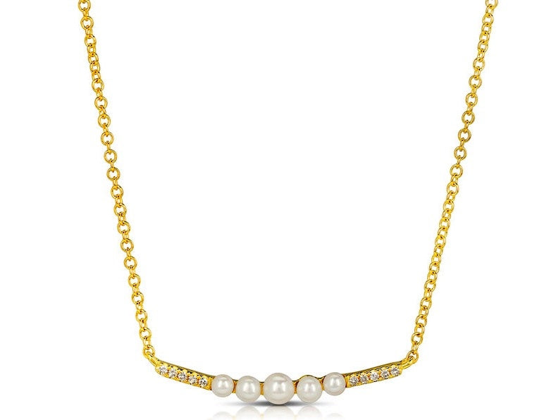 14K Yellow Gold Pearl & Diamond Bar Necklace