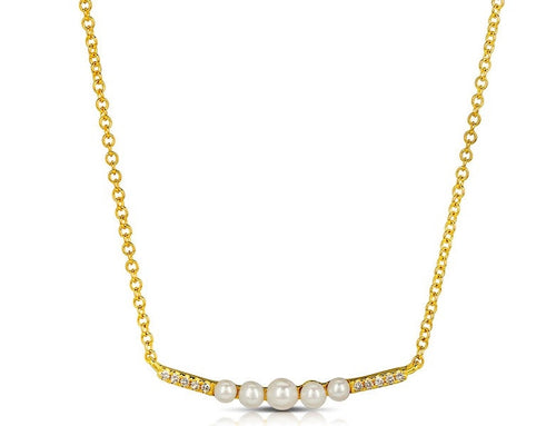 14K Yellow Gold Pearl & Diamond Bar Necklace