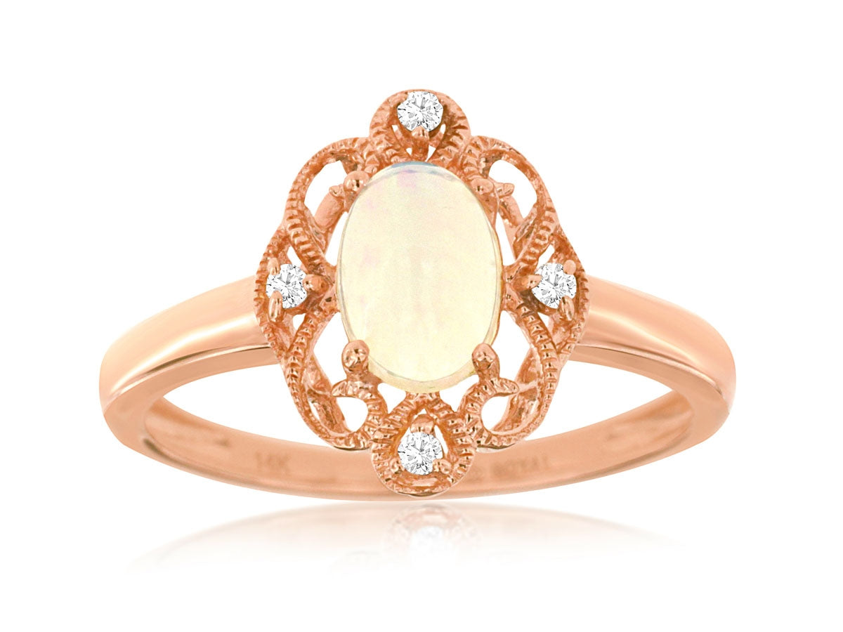 14K Rose Gold Oval Opal Diamond Filigree Ring