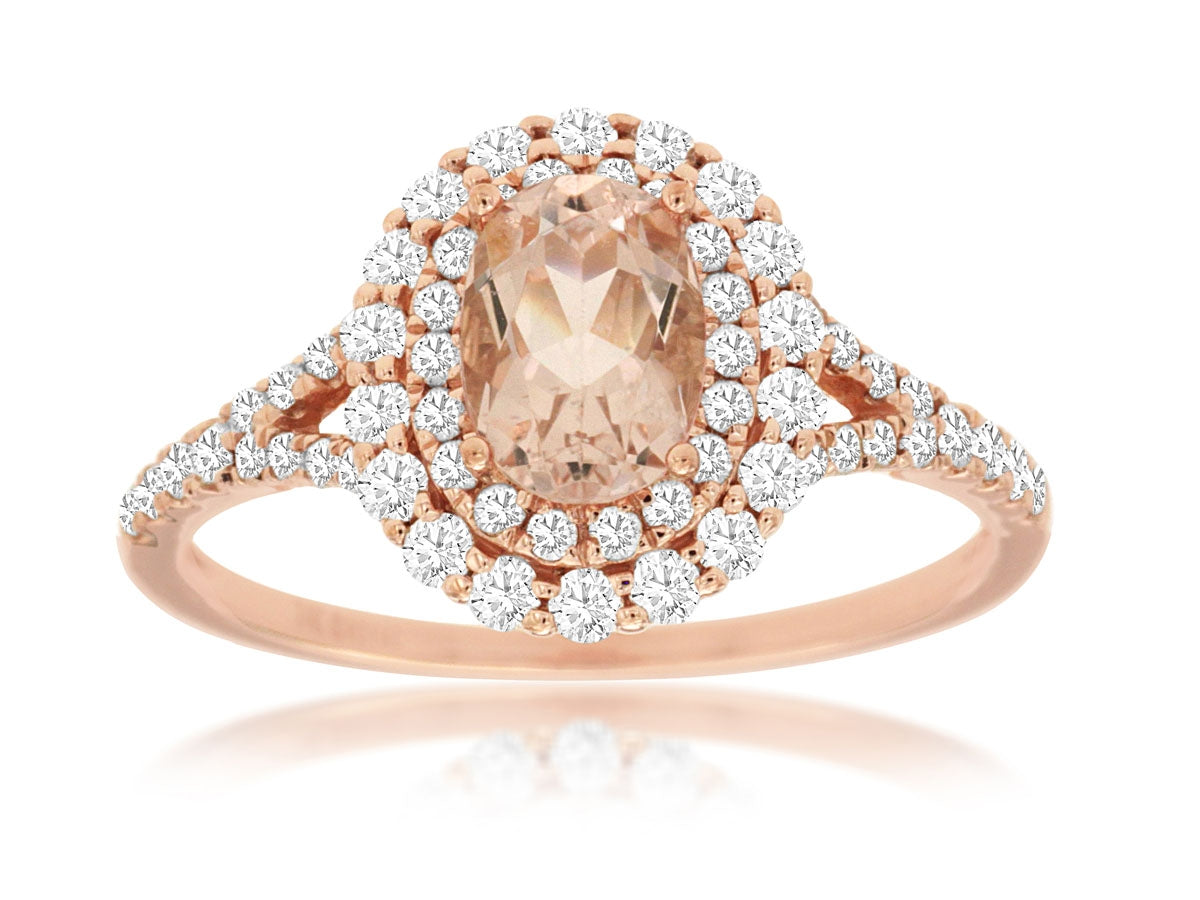 Peachy Pink Morganite Rose Gold Diamond Halo Ring
