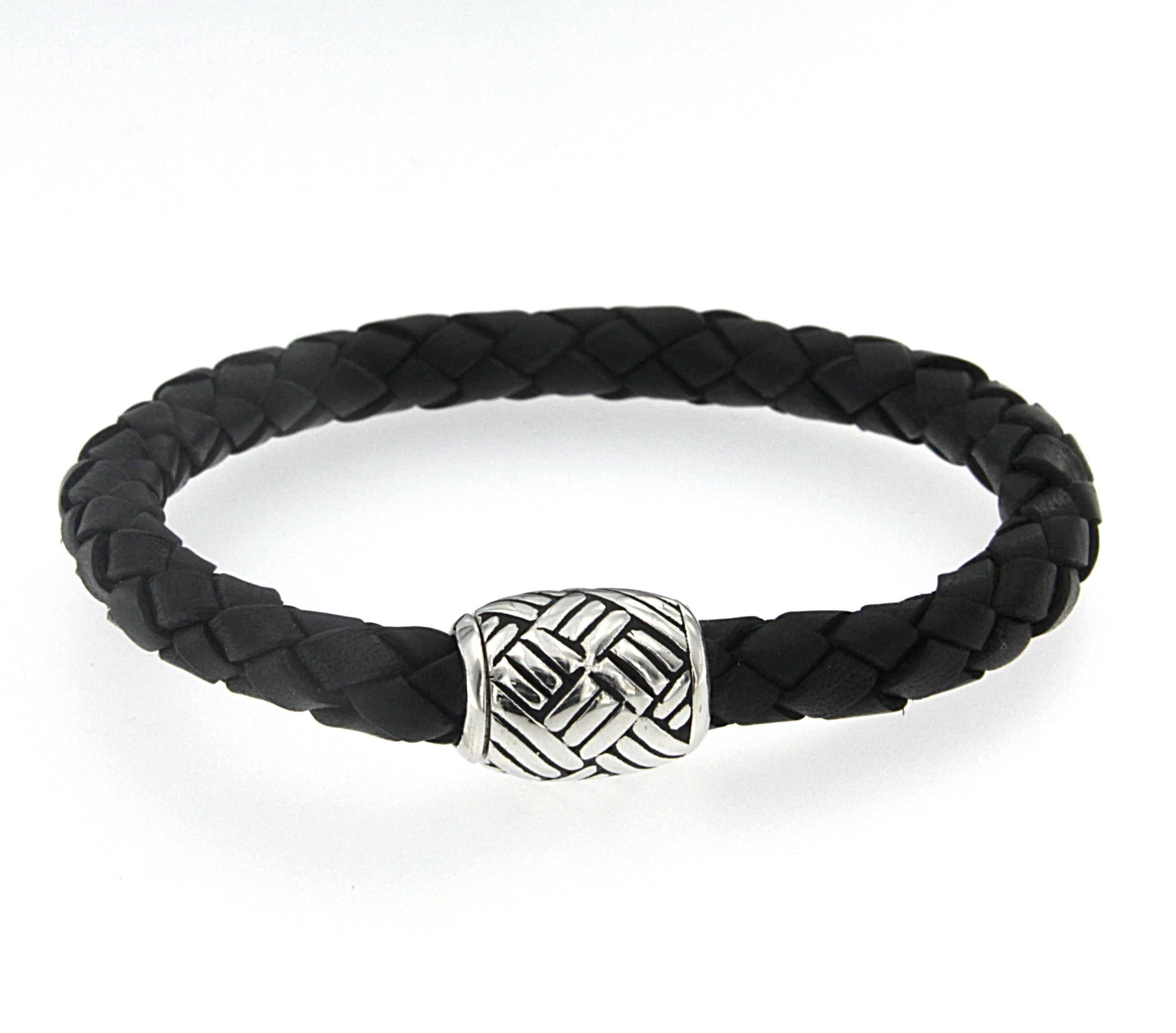 Mens Woven Leather Sterling Silver Bracelet