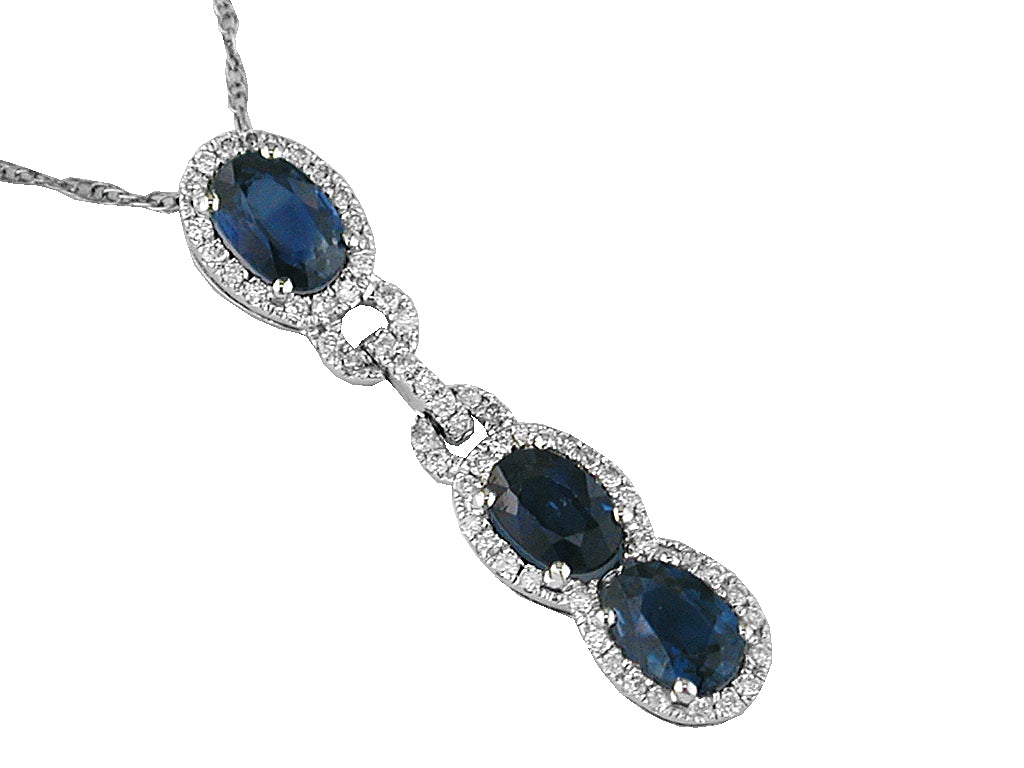 3-Oval Deep Blue Sapphire Diamond 14KW Pendant