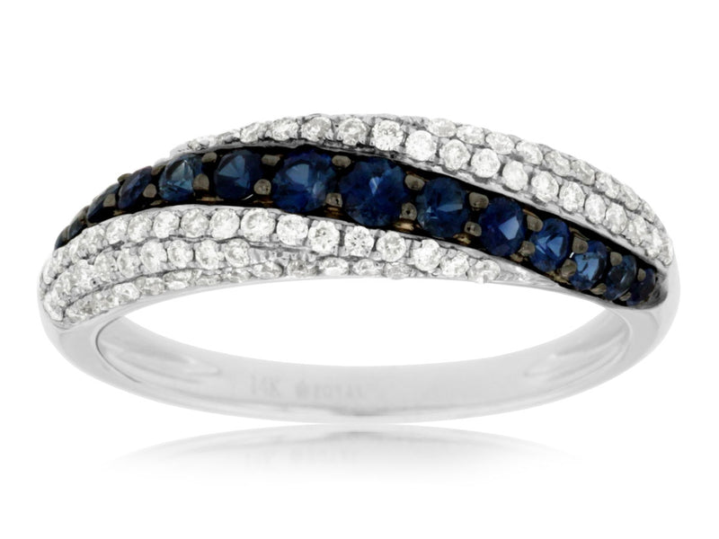 Vibrant Blue Sapphire Diamond Wave Band 14KW