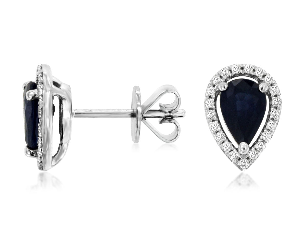 14K White Gold Pear Sapphire Diamond Halo Earrings