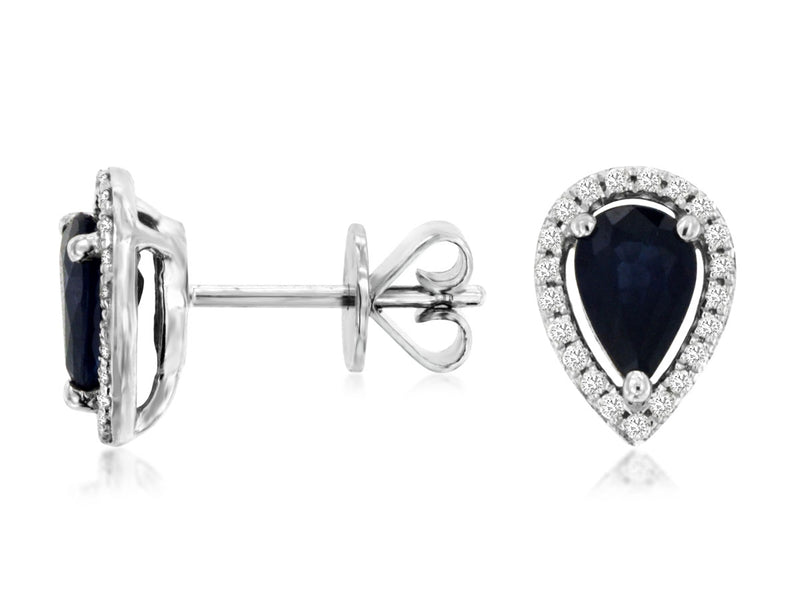 14K White Gold Pear Sapphire Diamond Halo Earrings