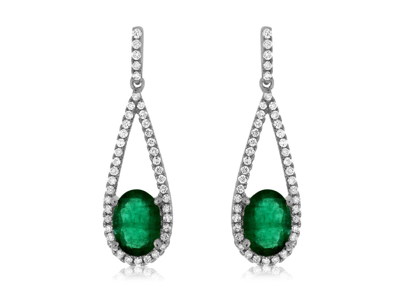 14KW Teardrop Emerald Diamond Earrings