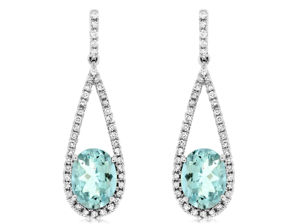 14KW Oval Aquamarine Diamond Halo Drop Earrings