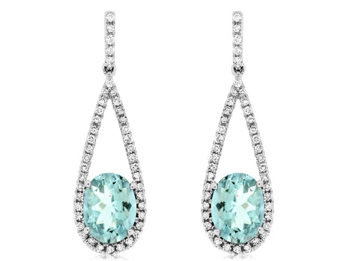 14KW Oval Aquamarine Diamond Halo Drop Earrings