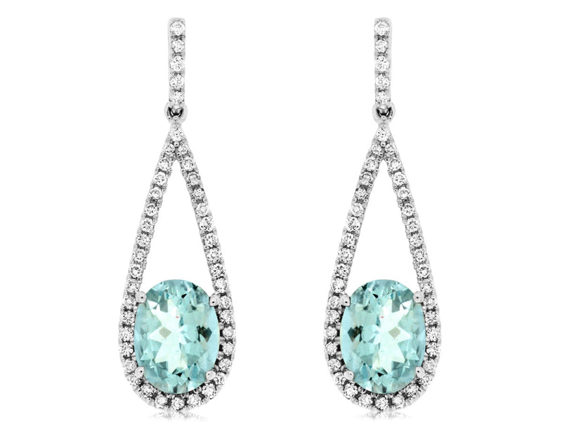 14KW Oval Aquamarine Diamond Halo Drop Earrings