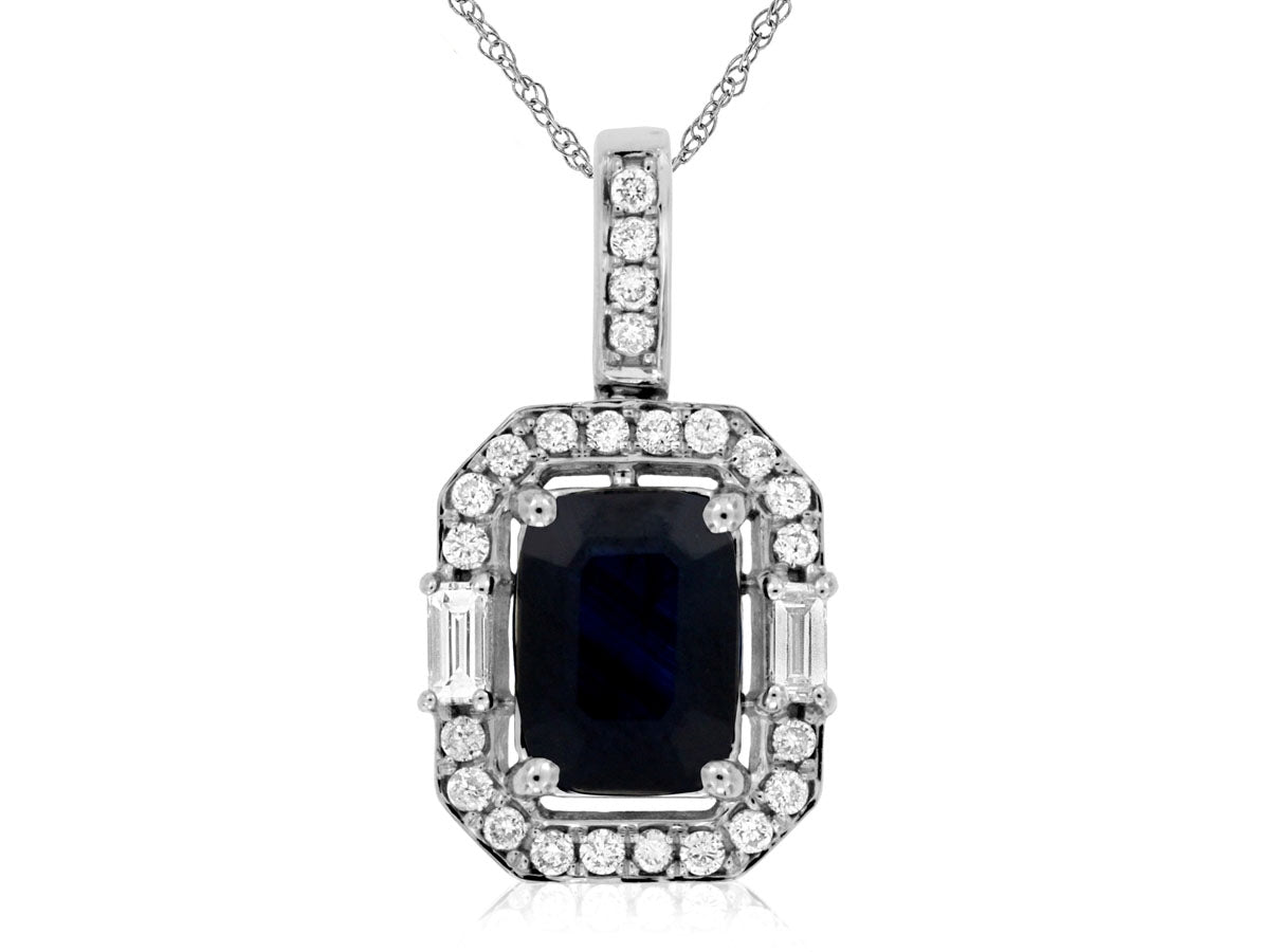 1.60ct Emerald Cut Sapphire Diamond Halo Pendant 14KW