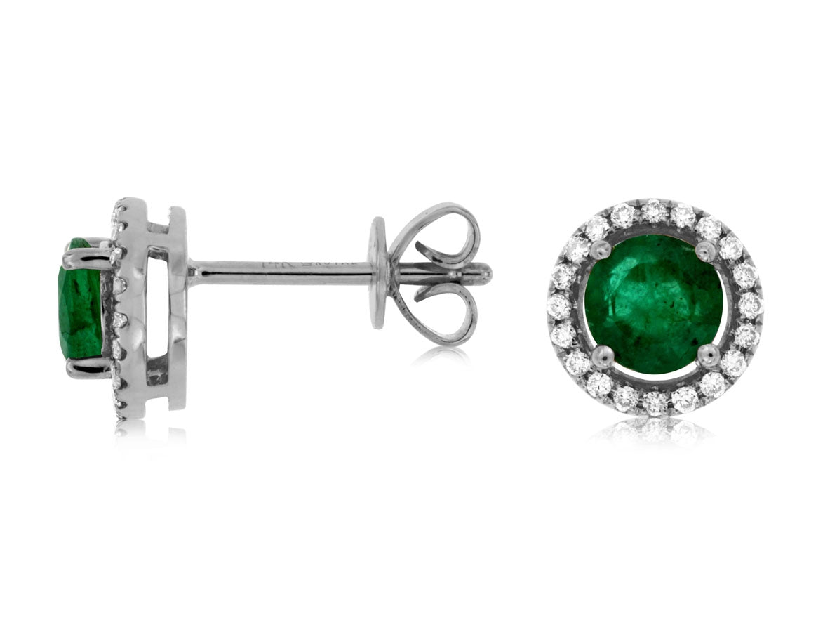 Emerald Diamond Halo 14KW Gold Stud Earrings