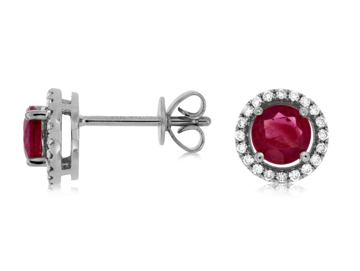 Vibrant 14KW Ruby & Diamond Halo Stud Earrings