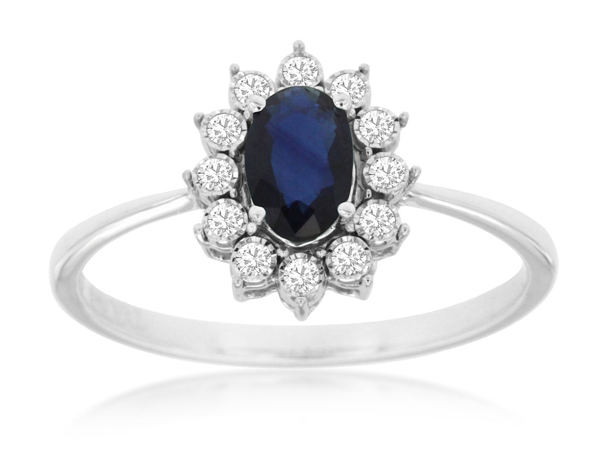 14K White Gold Oval Sapphire Diamond Halo Ring