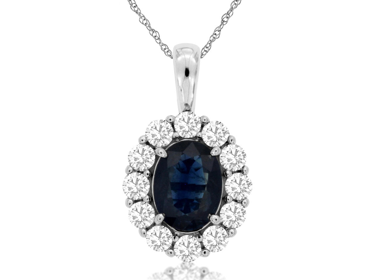 Deep Blue Sapphire & Diamond Halo Pendant 14KWG