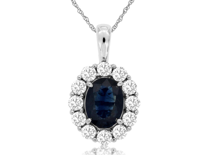 Deep Blue Sapphire & Diamond Halo Pendant 14KWG