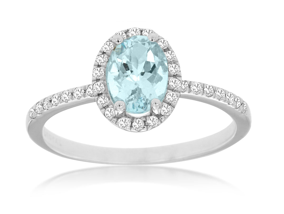 14K White Gold Oval Aquamarine Diamond Halo Ring