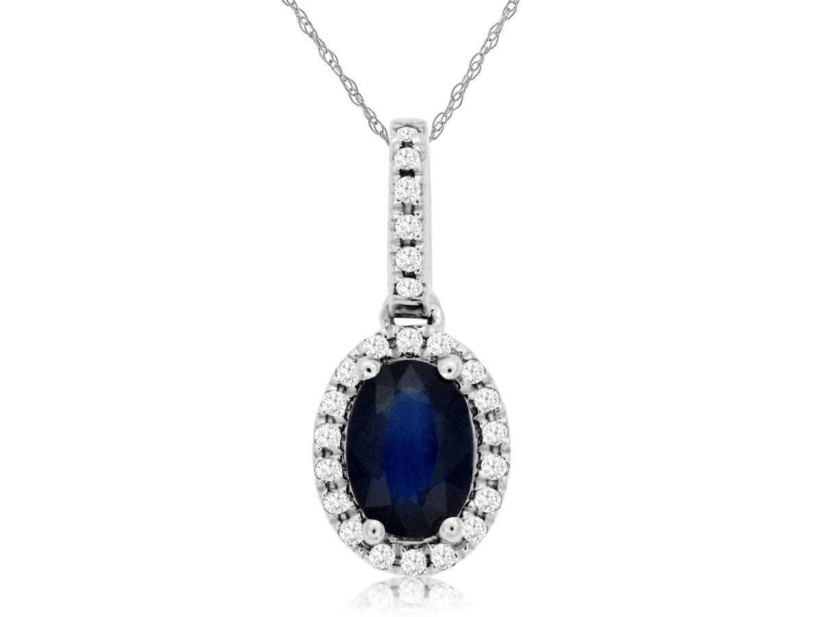 14K White Gold Oval Sapphire Diamond Halo Pendant