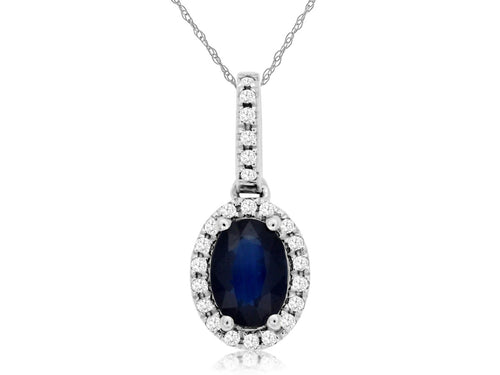 14K White Gold Oval Sapphire Diamond Halo Pendant