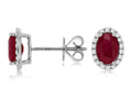 14K White Gold Oval Ruby & Diamond Halo Studs