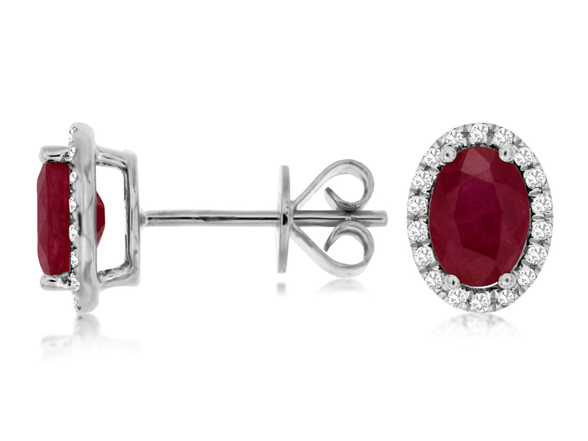 14K White Gold Oval Ruby & Diamond Halo Studs