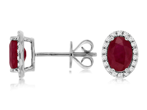 14K White Gold Oval Ruby & Diamond Halo Studs