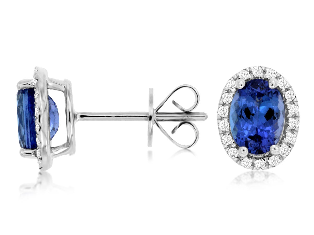 Oval Tanzanite & Diamond Halo Studs 14K White Gold
