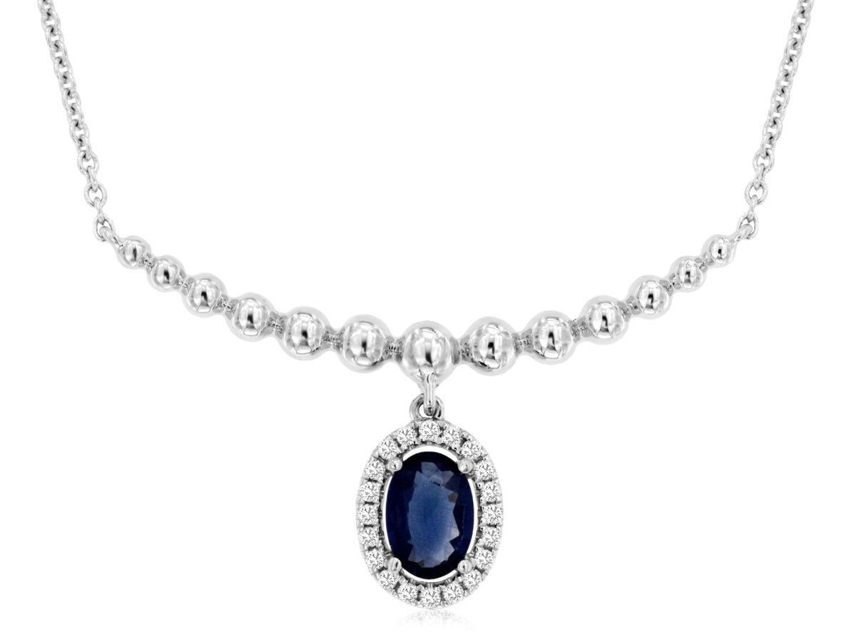 14KW Oval Sapphire Diamond Halo Beaded Necklace