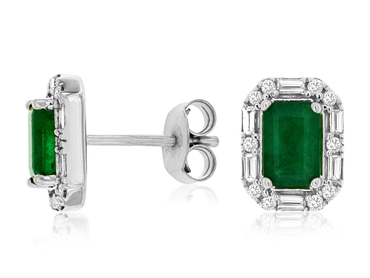 Emerald & Diamond Baguette Halo Studs 14K Gold