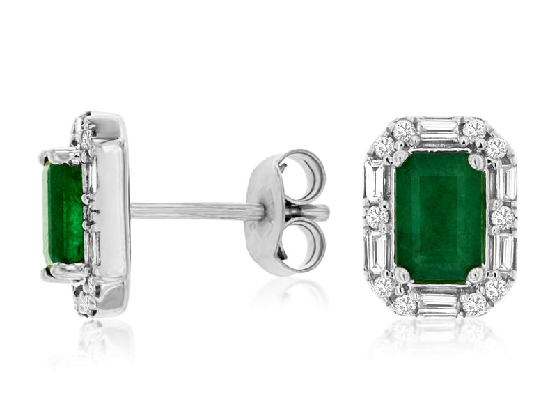 Emerald & Diamond Baguette Halo Studs 14K Gold
