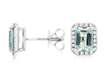 14KW Emerald Cut Aqua Diamond Halo Earrings