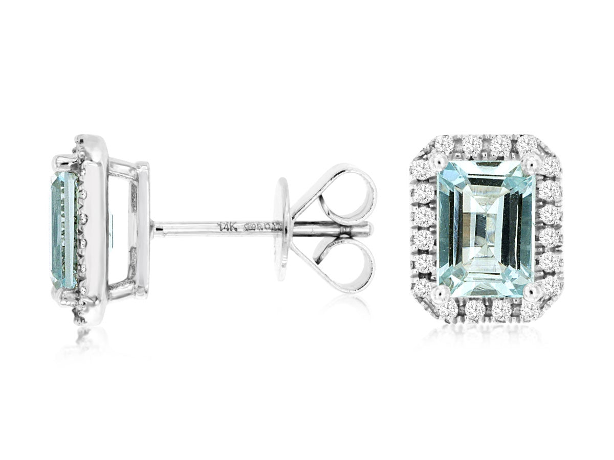 14KW Emerald Cut Aqua Diamond Halo Earrings