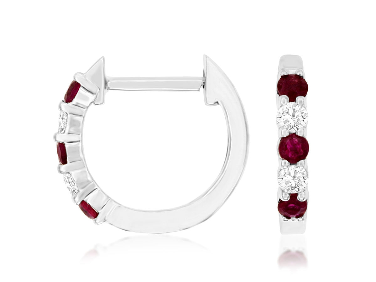 14K White Gold Ruby Diamond Huggie Hoops